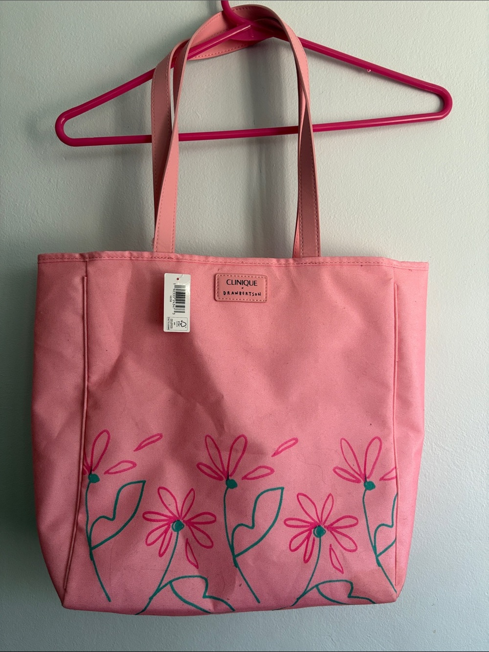 Clinique Pink Floral Canvas Tote with Teal Accents
